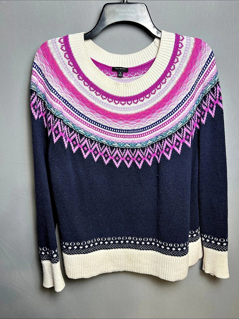 Talbots Fair Isle Geometric Sweater Women's M Blue Pink Cream Knit